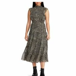 Best deal 😀 Steve Madden Anna Animal Print Mock Neck Ruffle Cap Sleeve A-Line Midi 👗 Dress In Black ✔️